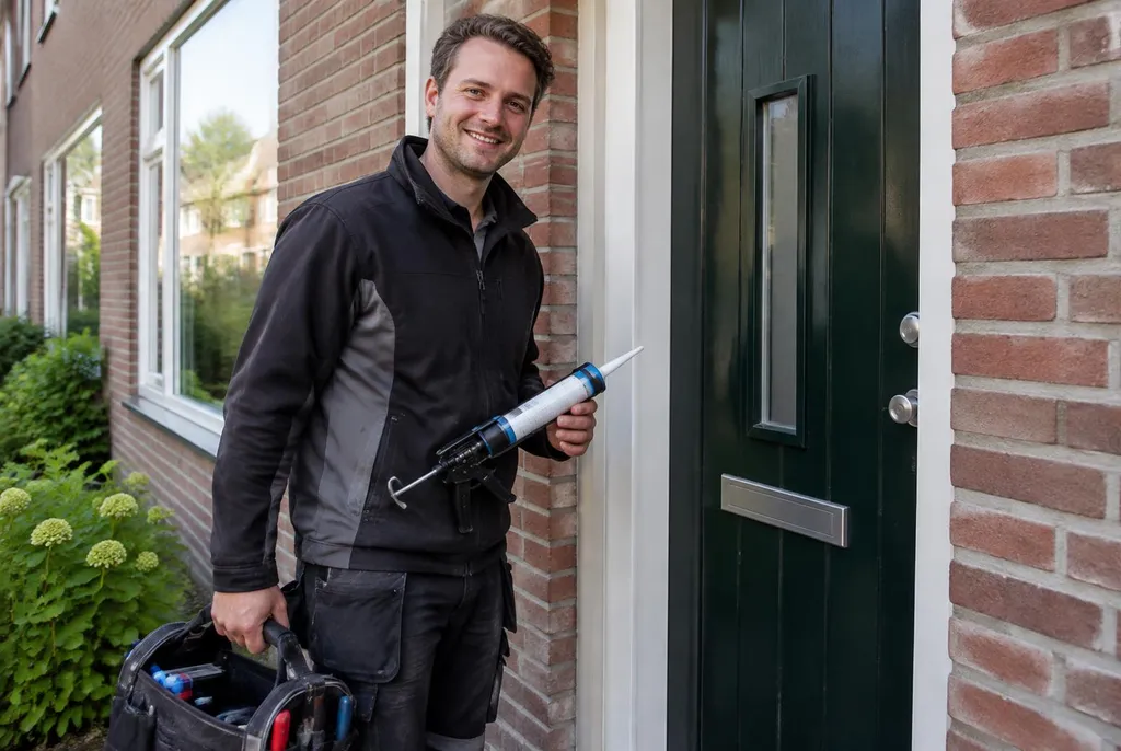 Vakman van Kitbedrijf Lopik bij de voordeur van een woning
